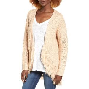 Cotton Emporium Cable Fringe Cardigan Sweater Open Front Beige M